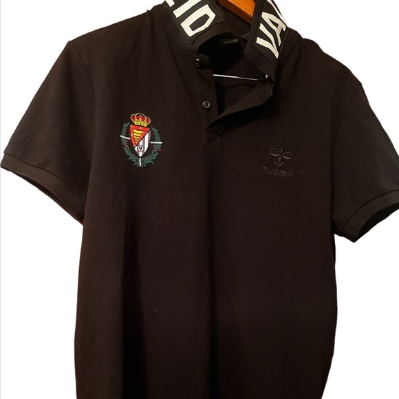 Hummel Polo Shirt Sz L Justo Munoz Black VALLADOLID logo collar - Picture 2 of 10